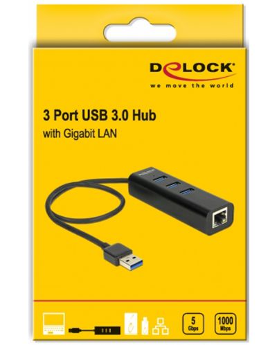 USB хъб Delock - 62653, 3 порта, USB3.0, RJ45, черен - 2