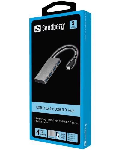 USB хъб Sandberg - Pocket Hub, 4 порта, USB-C, сив - 2