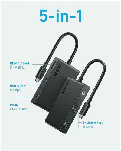 USB хъб Anker - 332 5 в 1, USB-C,  черен - 2