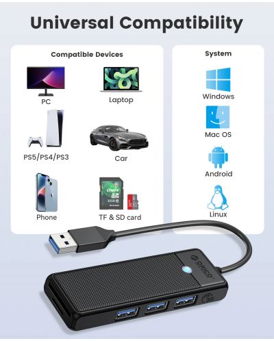 USB хъб Orico - PAPW3AT-U3-015-WH, 3 порта/SD/TF, USB-A, бял - 4