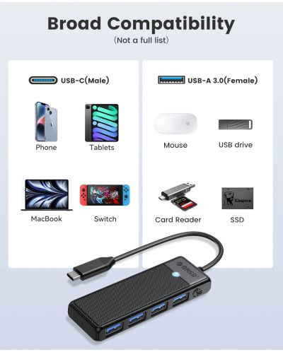 USB хъб Orico - PAPW4A-C3-015-BK, 4 порта, USB3.0, черен - 4