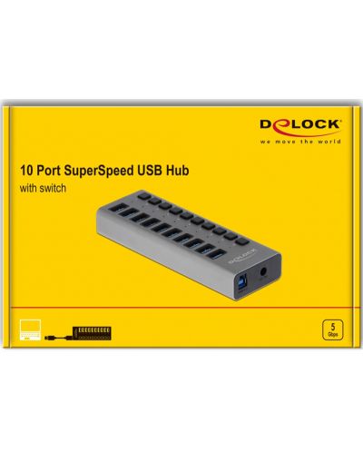  USB хъб Delock - 63262, 10 порта, USB3.0, сив - 2