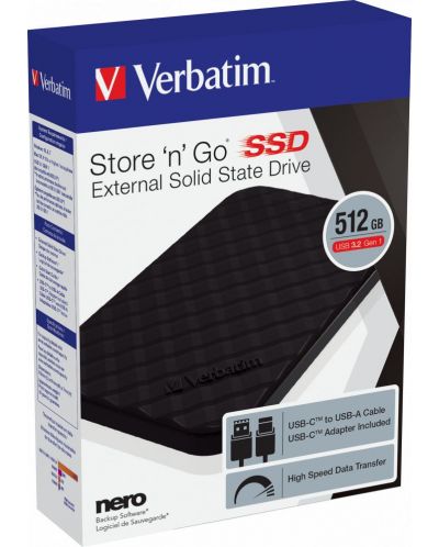 Външна SSD памет Verbatim - Store 'n' Go,  512GB, USB 3.2, черна - 4