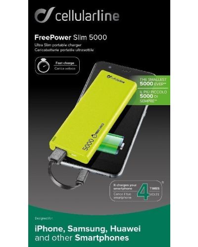 Портативна батерия Cellularline - FreePower Slim, 5000 mAh, зелена - 3