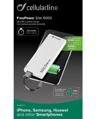 Портативна батерия Cellularline - FreePower Slim, 5000 mAh, бяла - 3