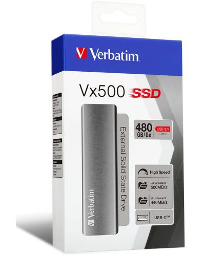 Външна SSD памет Verbatim - Vx500, 480GB, USB 3.1, сива - 3