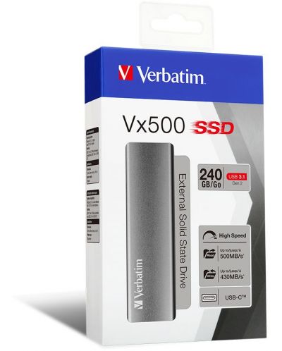 Външна SSD памет Verbatim - Vx500, 240GB, USB 3.1, сива - 3