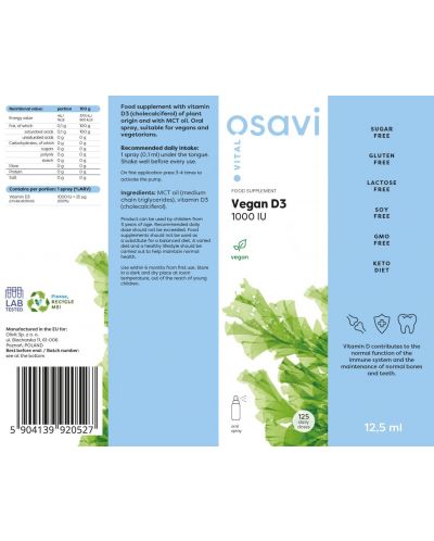 Vegan D3 Орален спрей, 1000 IU, 12.5 ml, Osavi - 2