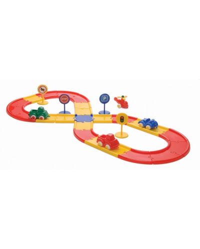 Писта Viking Toys, 32 елемента 4 колички, 4 пътни знака и 24 пътни елементи