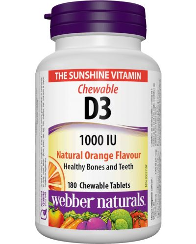 Vitamin D3, 1000 IU, портокал, 180 таблетки, Webber Naturals - 1