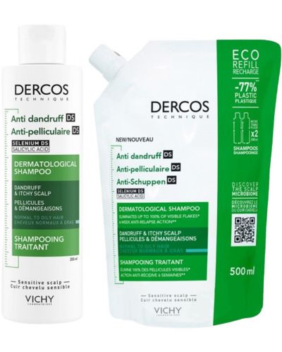 Vichy Dercos Комплект - Шампоан против пърхот за мазна коса Anti-dandruff DS + Пълнител, 200 + 500 ml - 1