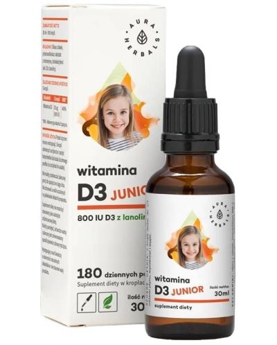 Витамин D3 Джуниър, капки, 800 IU, 30 ml, Aura Herbals - 1