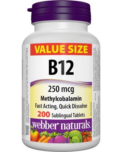 Vitamin B12, 250 mcg, 200 таблетки, Webber Naturals - 1
