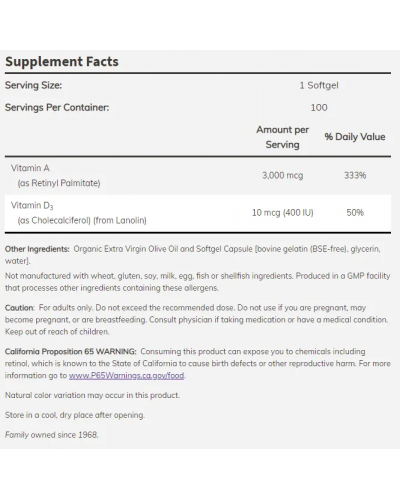 Vitamin A & D 10000/400 IU, 100 капсули, Now - 2