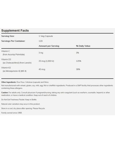 Vitamin D-3 + K-2, 120 капсули, Now - 2