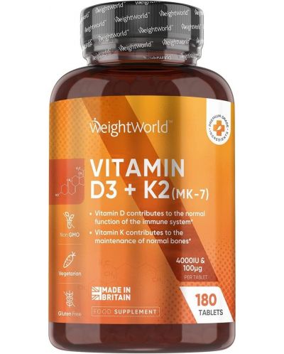 Vitamin D3 + K2, 180 таблетки, Weight World - 1