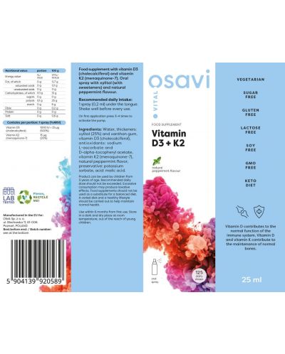 Vitamin D3 + K2 Орален спрей, 25 ml, Osavi - 2