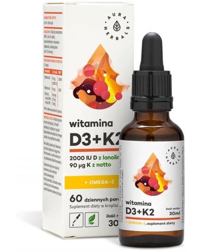 Витамин D3 + K2 + Oмега-3, 30 ml, Aura Herbals - 1