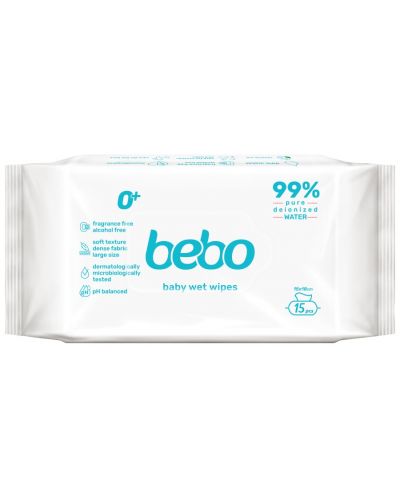 Влажни кърпички Bebo - С 99% вода, 15 броя