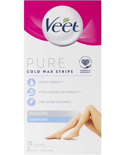 Veet Pure Восъчни ленти за тяло и крака за чувствителна кожа, 20 броя - 1