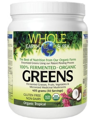 Whole Earth & Sea Fermented Organic Greens, тропически плодове, 405 g, Natural Factors - 1