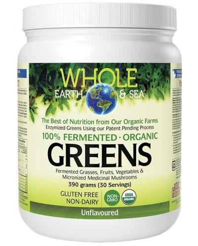 Whole Earth & Sea Fermented Organic Greens, неовкусен, 390 g, Natural Factors - 1