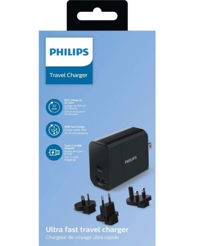 Зарядно устройство Philips - DLP2621T/00, USB-A, USB C, 30W, черно - 2