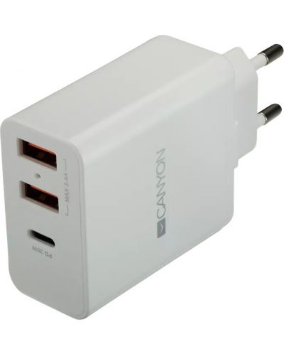 Зарядно устройство Canyon - H-08, USB-A/C, 30W, бяло - 1
