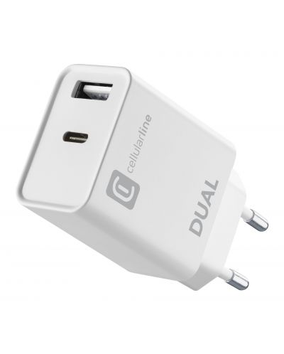 Зарядно устройство Cellularline - Dual, USB/USB-C, 20W, бяло - 1
