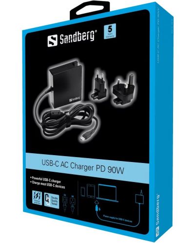 Зарядно устройство Sandberg - USB-C PD AC, EU/UK, 90W, черно - 3