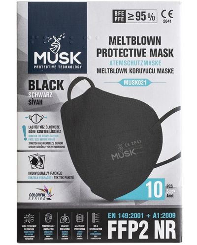 Защитни петслойни антибактериални маски, FFP2 NR, черни, 10 броя, Musk - 1