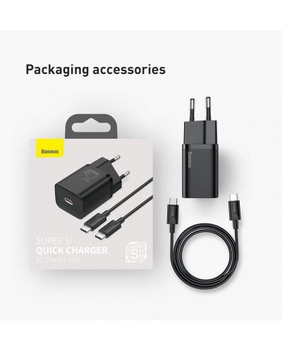 Зарядно устройство Baseus - Super Si QC, USB-C, кабел USB-C, 25W, черно - 4
