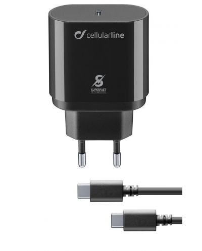 Зарядно устройство Cellularline - PD, USB-C, кабел USB-C, 25W, черно - 1