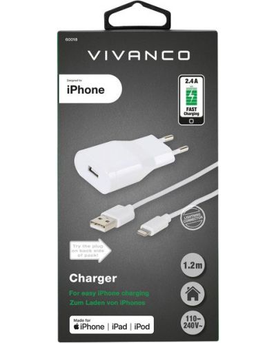 Зарядно устройство Vivanco - 60018, USB-A, кабел Lightning, 12W, бяло - 2