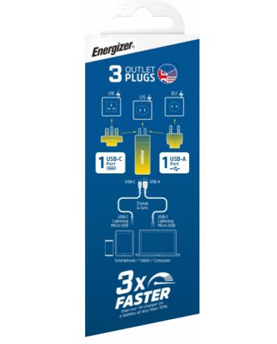 Зарядно устройство Energizer - A65MU, USB-A/C, EU/UK/US, 65W, сиво - 4