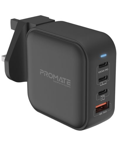 Зарядно устройство ProMate - GaNPort4-100PD, USB-A/C, 100W, черно - 1