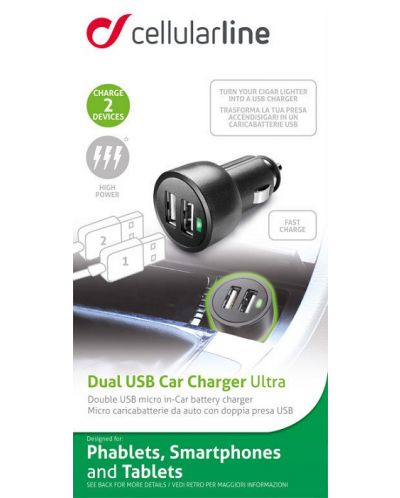 Зарядно за кола Cellularline - Ultra Dual, USB-A, черно - 4