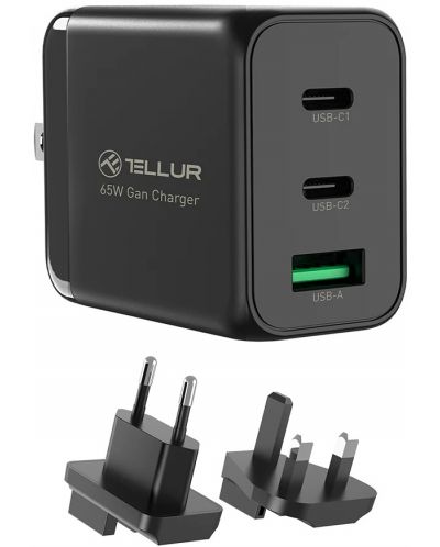 Зарядно устройство Tеllur - GaN, USB-A/C, EU/UK/US, 65W, черно - 7