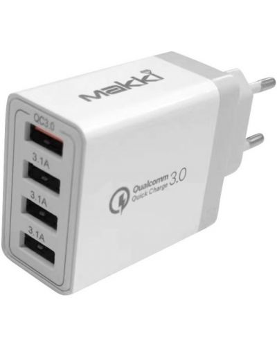 Зарядно устройство Makki - QC48W4 FC, USB-A, 30W, бяло - 1