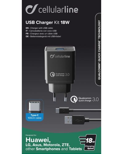 Зарядно устройство Cellularline - USB Charher Kit QC, 18W, черно - 4