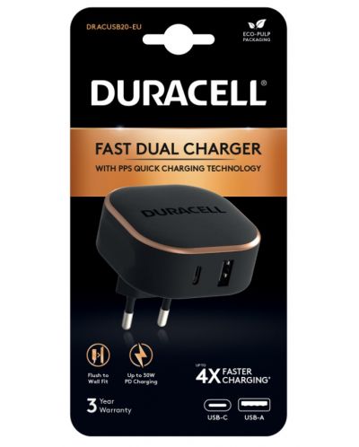 Зарядно устройство Duracell - DRACUSB20-EU, USB-A/C, 30W, черно - 2