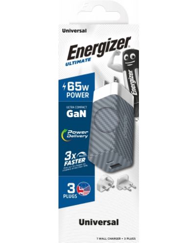 Зарядно устройство Energizer - A65MU, USB-A/C, EU/UK/US, 65W, сиво - 3