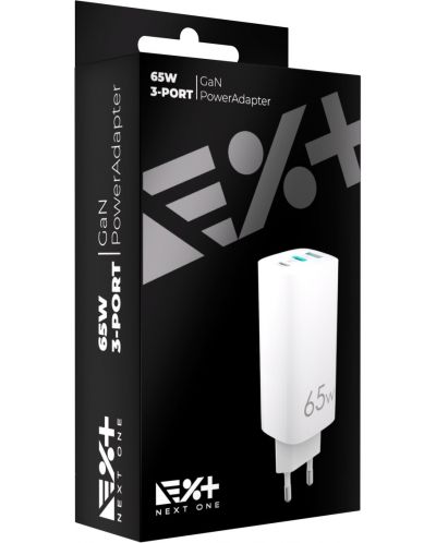 Зарядно устройство Next One - 3-Port GaN, USB-A/C, 65W, бяло - 7