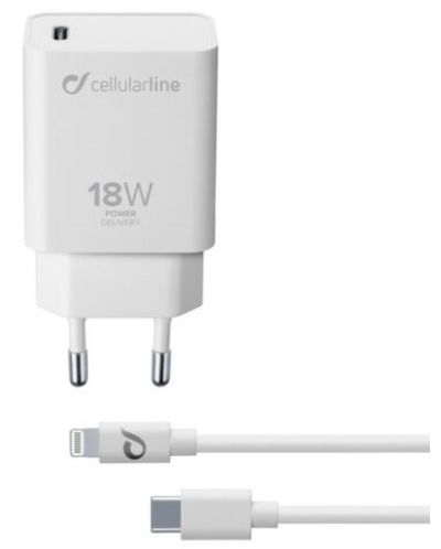 Зарядно устройство Cellularline - PD, USB-C, кабел Lightning, 18W, бяло - 1