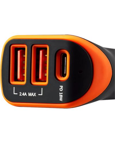 Зарядно за кола Canyon - С-08, USB-A/C, 18W, черно/оранжево - 2