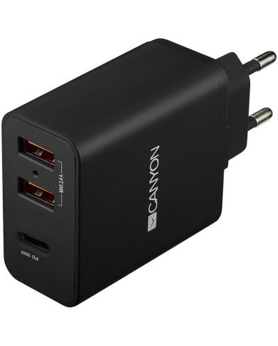 Зарядно устройство Canyon - H-08, USB-A/C, 30W, черно - 1