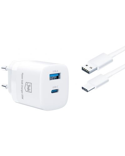 Зарядно устройство 3mk - Hyper GaN, USB-A/C, 33W, бяло - 3