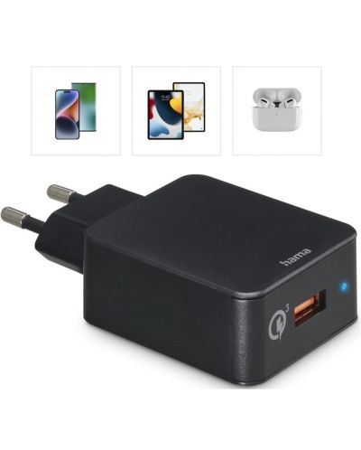 Зарядно устройство Hama - 201641, Qualcomm QC, USB-A, 19.5W, черно - 2