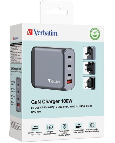 Зарядно устройство Verbatim - GNC-100 GaN 4 Port, USB-A/C, 100W, сиво - 5