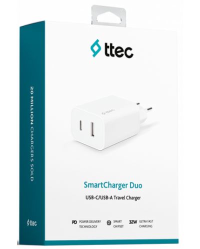 Зарядно устройство ttec - SmartCharger Duo, USB-A/C, 32W, бяло - 4